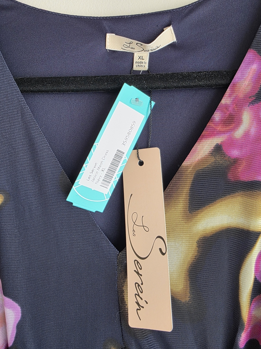 NWT Les Serein Navy Pink Floral Mesh Flutter Sleeve Maxi Dress XL - Picture 4 of 7